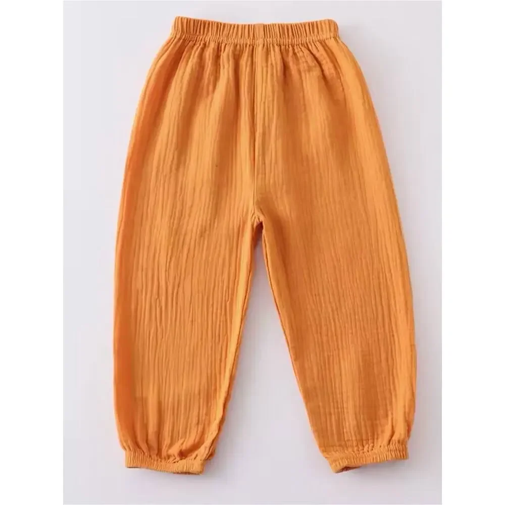 New toddler boy girl gold Elastic-Waist Cotton Gauze Pants 9-12 months